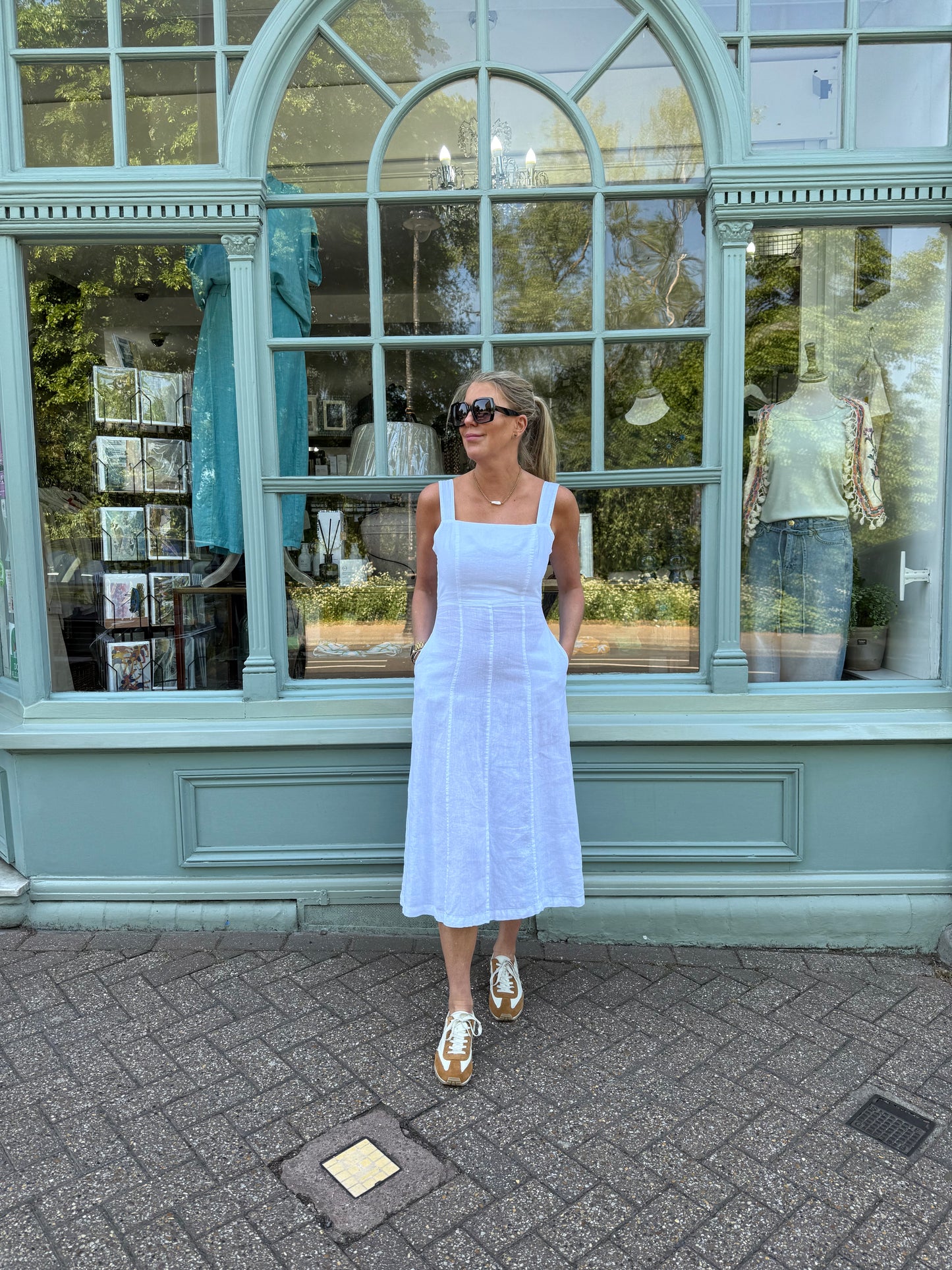 *Square Neck Linen Tie Back Dress with Front Slit