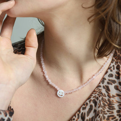 PEACHY & WILD ROSE QUARTZ SMILEY FACE NECKLACE